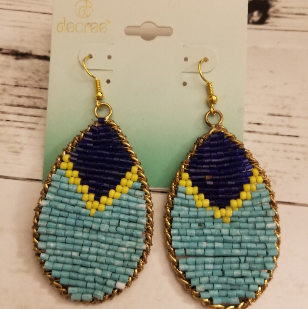 Blue & Yellow seedbead teardrop earrings nwt boho